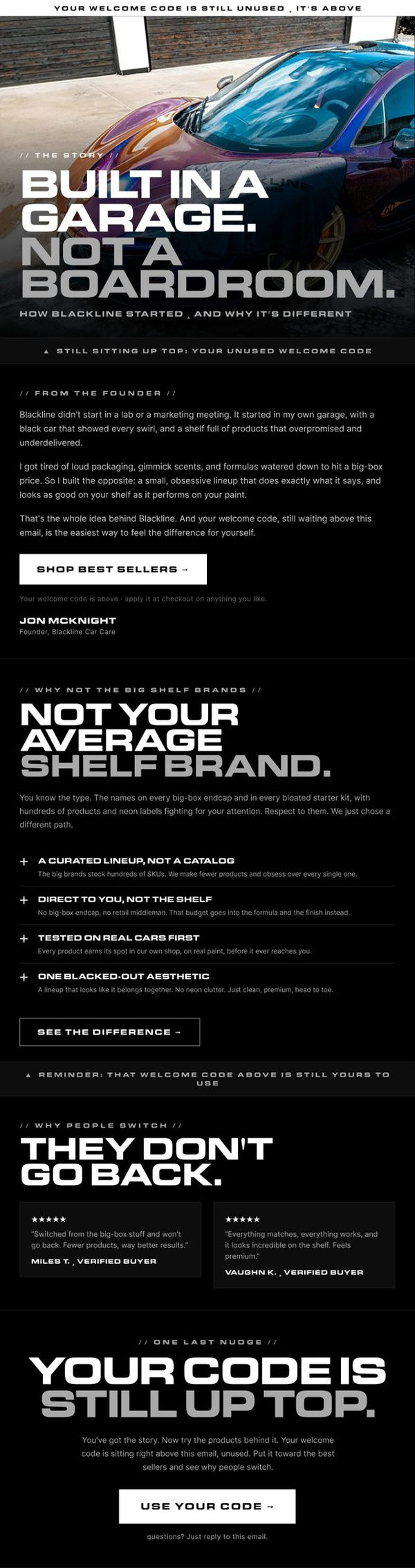 Blackline Car Care welcome flow founder story email