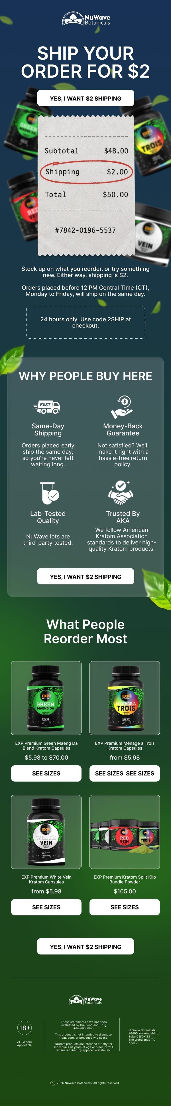 NuWave Botanicals two dollar shipping promo email